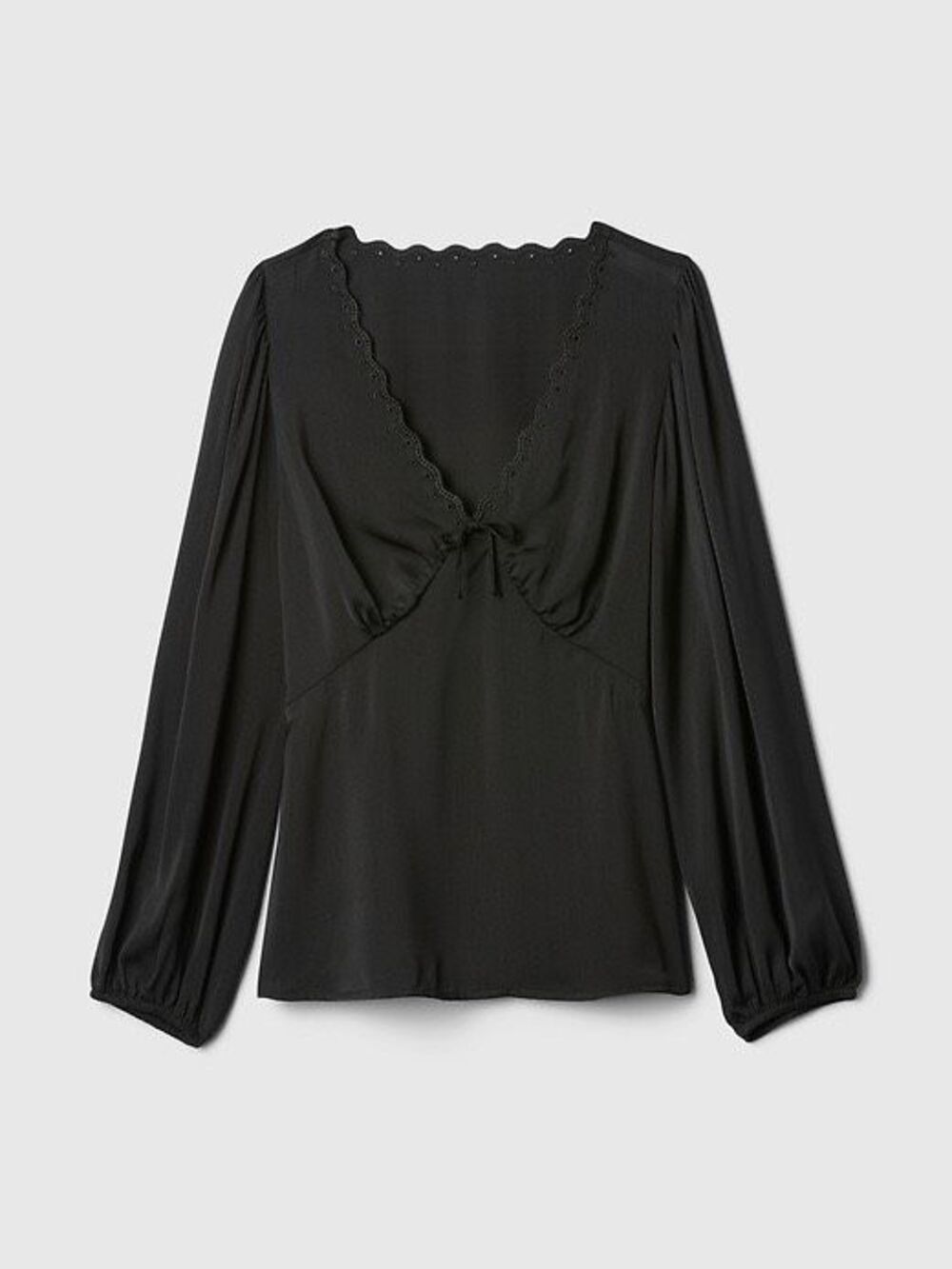 NWT Gap Babydoll Blouse Womens Small Scallop Eyelet Satin Black Office Bow Top